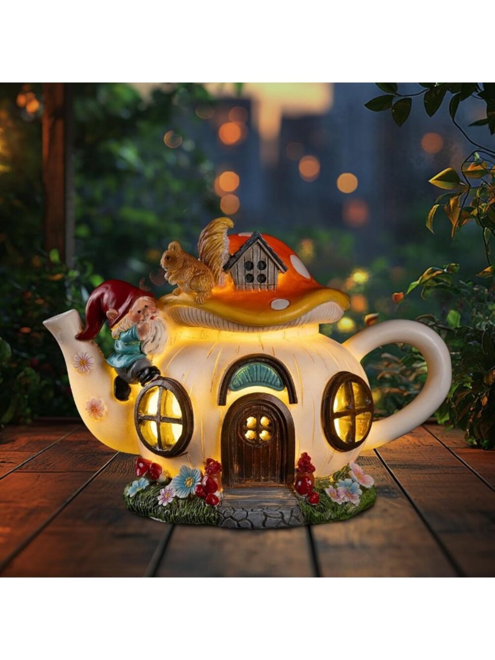 Solar Fairy House Garden Statue with Gnome & Squirrel - Outdoor Decor for Patio
